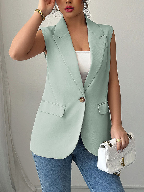 Loose Sleeveless Buttoned Pockets Notched Collar Blazer Vest Top