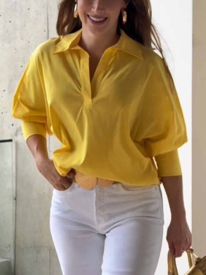 Loose Puff Sleeves Solid Color Lapel Blouses&Shirts Tops