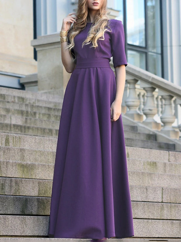 Half Sleeves High Waisted Solid Color Tied Waist V-Neck Maxi Dresses