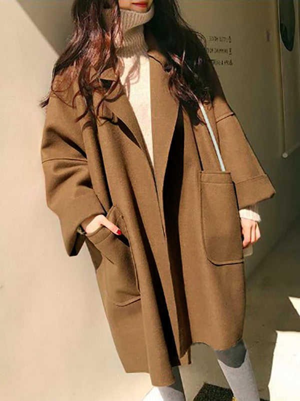 Long Sleeves Loose Buttoned Pockets Solid Color Split-Joint Notched Collar Woolen Coat