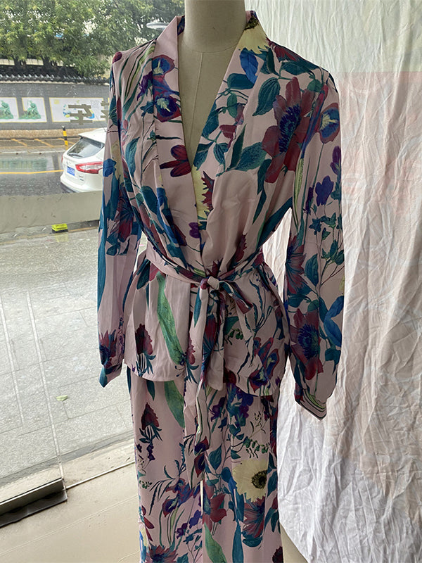 High Waisted Long Sleeves Flower Print Tied Waist V-Neck Shirts Top + Pants Bottom Two Pieces Set
