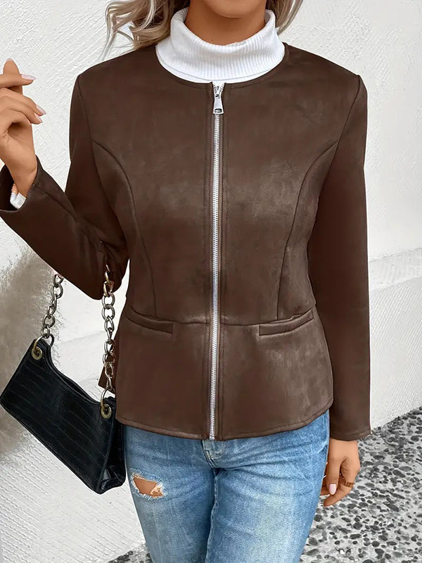 Long Sleeves Loose Pockets Solid Color Split-Joint Zipper Round-Neck Jackets Outerwear