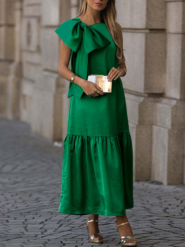 Sleeveless Bowknot Pleated Split-Joint Round-Neck Maxi Dresses