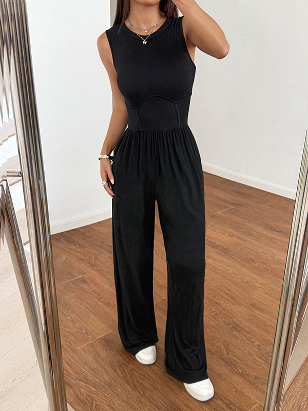 High Waisted Loose Solid Color Round-Neck Jumpsuits