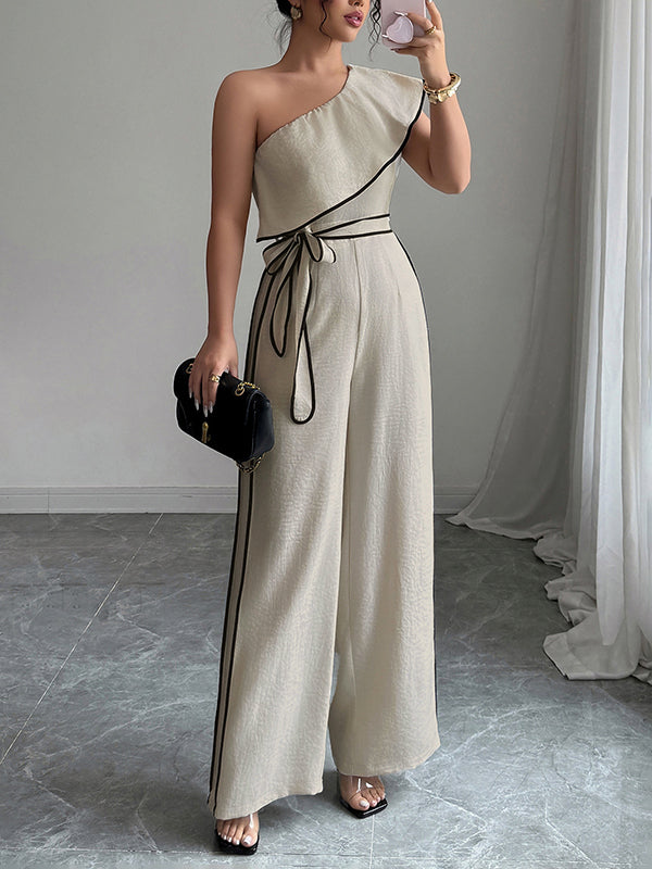 High Waisted Wide Leg Elasticity Tied Waist One-Shoulder Jumpsuits
