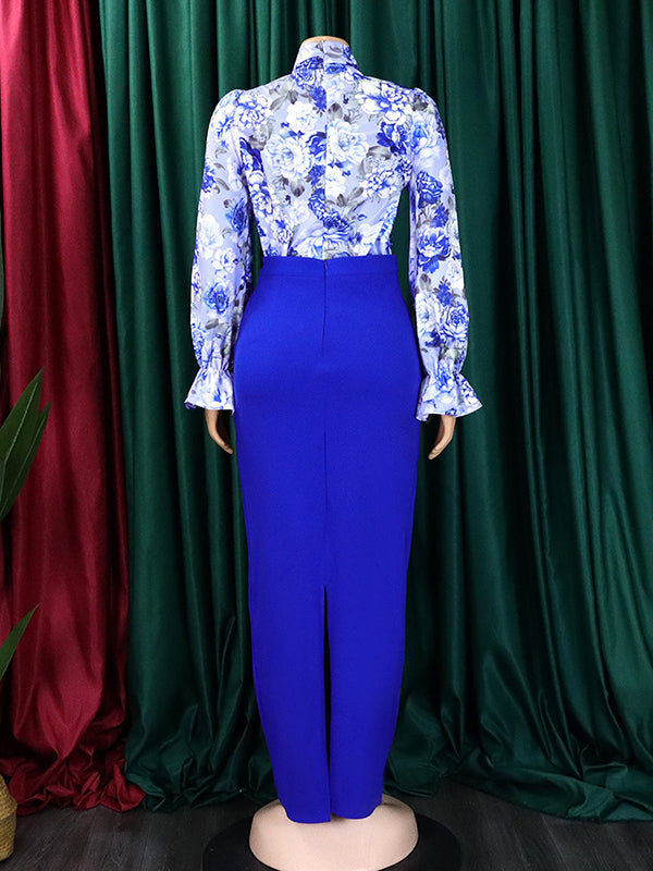 Long Sleeves Floral Printed Blouse + Split-Back Solid Color Skirt Two Pieces Set