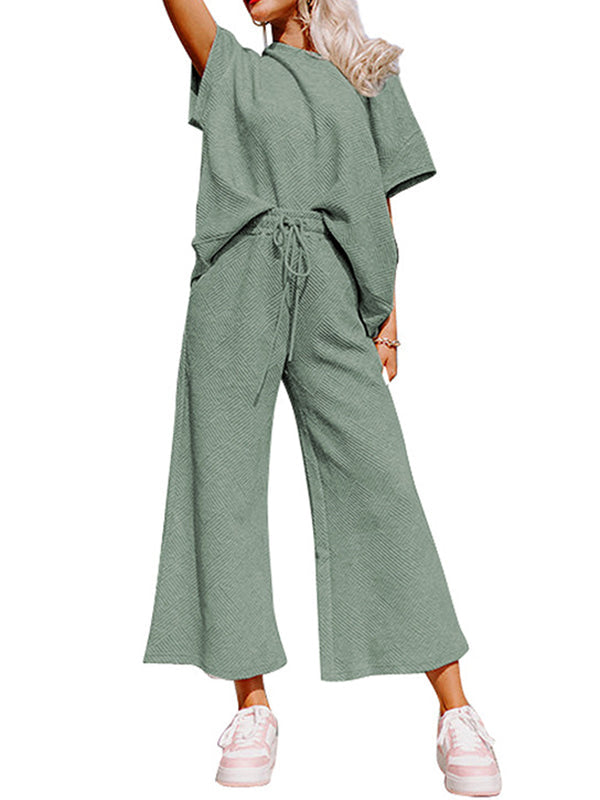 Loose Short Sleeves Solid Color Round-Neck T-Shirt Top + Drawstring Elasticity Pockets Pants Botttom Two Pieces Set