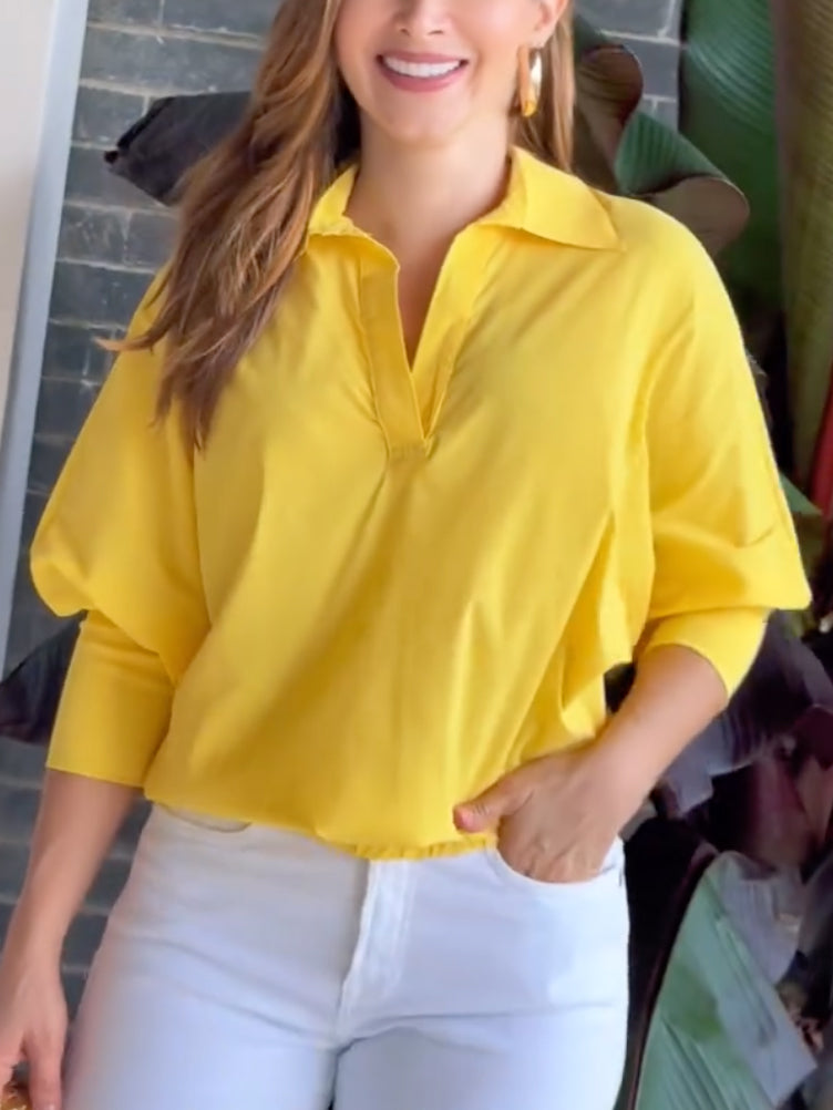 Loose Puff Sleeves Solid Color Lapel Blouses&Shirts Tops