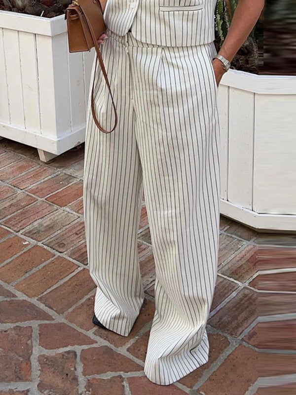 Loose Sleeveless Buttoned Striped V-Neck Vest Top + Pockets Pants Bottom Two Pieces Set