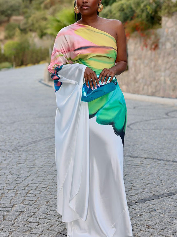 Long Sleeves Loose Asymmetric Flower Print One-Shoulder Maxi Dresses