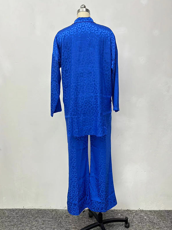 Loose Leopard Lapel Blouse Top + Wide Pants Trousers Two Pieces Set