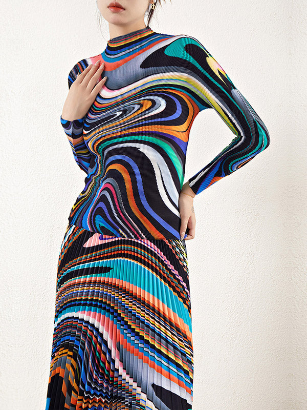 Long Sleeves Contrast Color Pleated Mock Neck T-Shirt Top + Printed A-Line Skirts Bottom Two Pieces Set