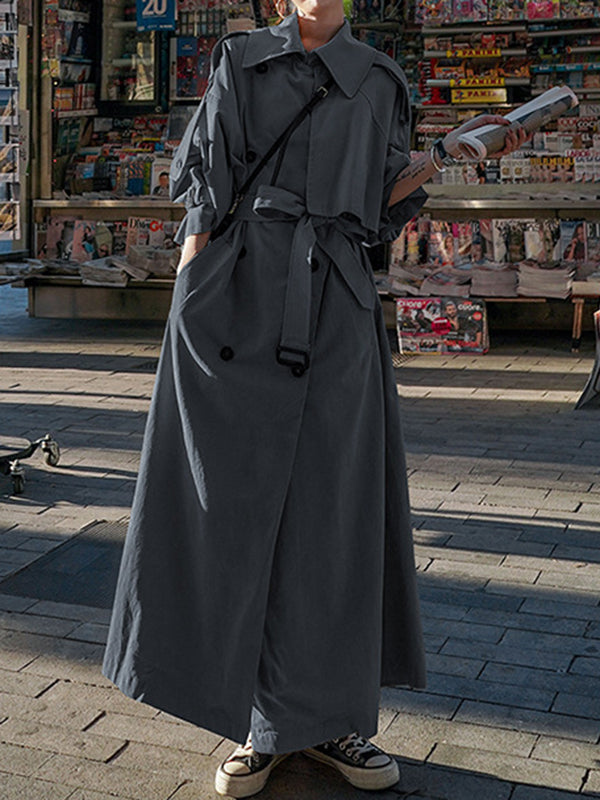Long Sleeves Loose Buckle Buttoned Split-Back Tied Waist Lapel Outerwear Trench Coats