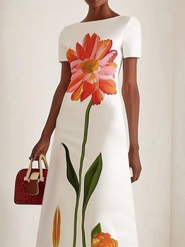 Short Sleeves Flower Print Boat Neck Maxi Dresses