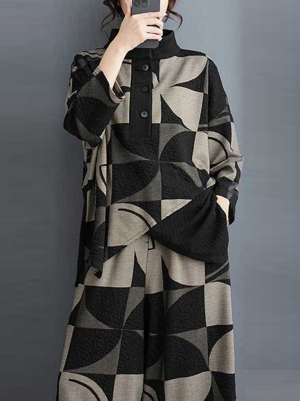 Long Sleeves Asymmetric Buttoned Printed Stand Collar Sweatshirt Top + Harem Pants Pants Bottom Two Pieces Set