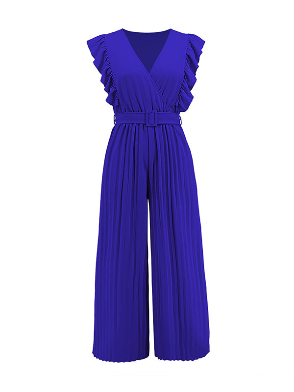 High Waisted Loose Belted Pleated Ruffled Solid Color V-Neck Jumpsuits