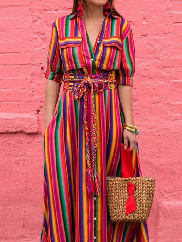 Long Sleeves Loose Split-Joint Striped Lapel Maxi Dresses Shirt Dress