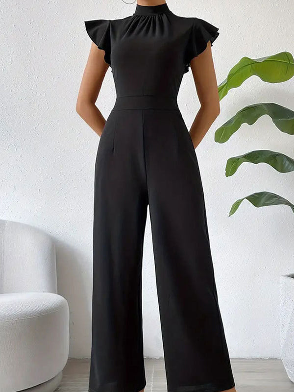 High Waisted Loose Pleated Ruffled Solid Color Mock Neck Jumpsuits