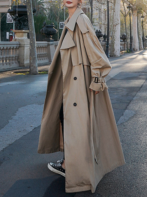 Long Sleeves Loose Buckle Buttoned Split-Back Tied Waist Lapel Outerwear Trench Coats