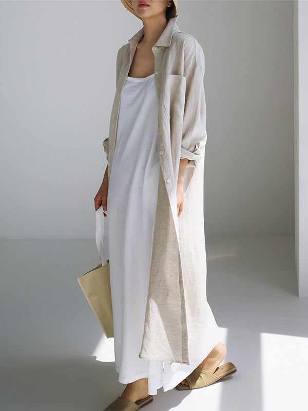 Simple Long Sleeves Split-Side Solid Color Lapel Midi Dresses Shirt Dress