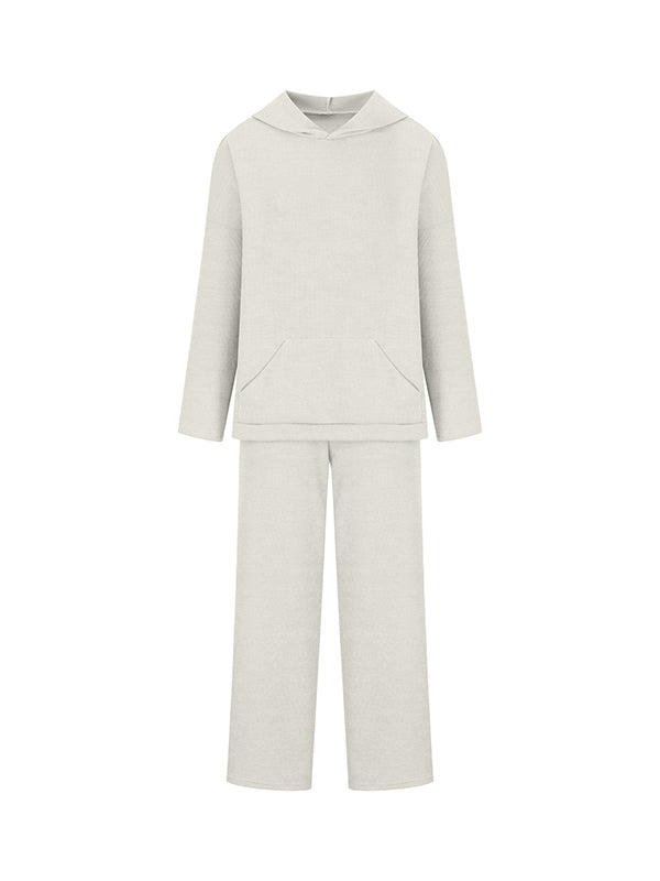 Loose Solid Color Round-Neck Hooded Long Sleeves Sweater Top + Drawstring Pants Bottom Two Pieces Set
