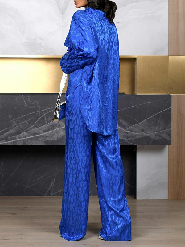 Loose Leopard Lapel Blouse Top + Wide Pants Trousers Two Pieces Set