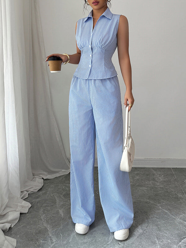 Sleeveless Buttoned Contrast Color Striped Lapel Vest Top + Pleated Pockets Pants Bottom Two Pieces Set
