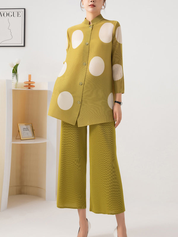 Long Sleeves Loose Pleated Polka Dot Stand Collar Top + Pants Bottomtwo Pieces Set