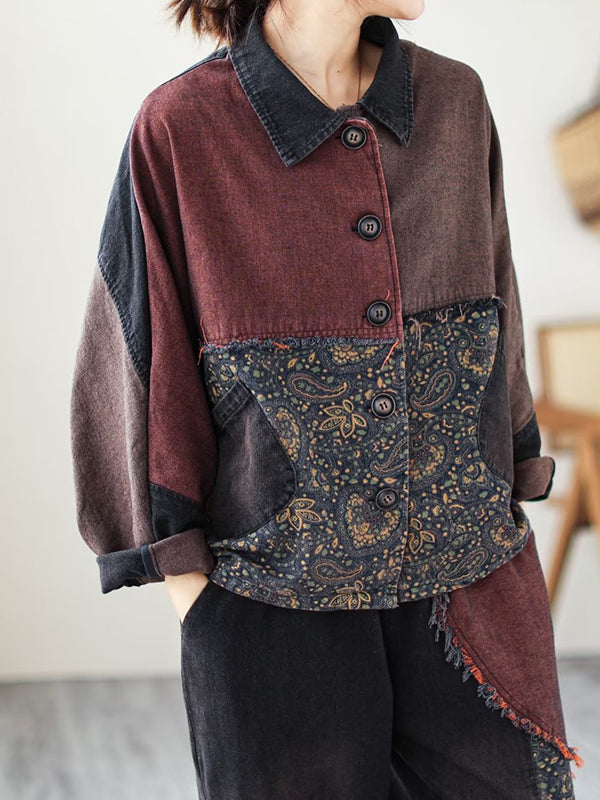 Contrast Color Fringed Split-Joint Long Sleeves Printed Outwear + Harem Pants  Two Pieces Set