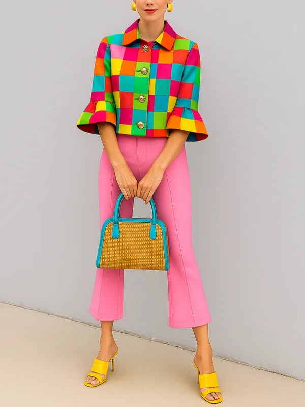 Loose Three-Quarter Sleeves Buttoned Plaid Lapel Outerwear