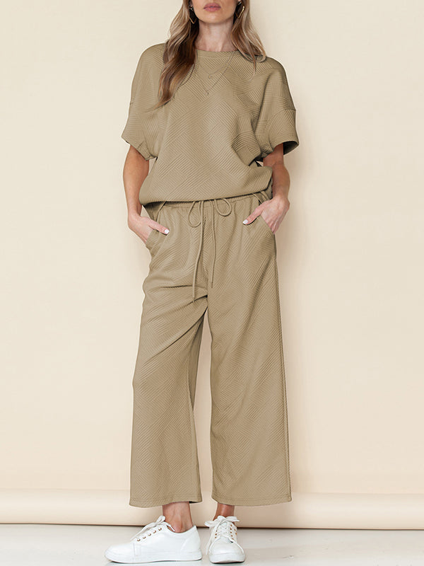 Loose Short Sleeves Solid Color Round-Neck T-Shirt Top + Drawstring Elasticity Pockets Pants Botttom Two Pieces Set