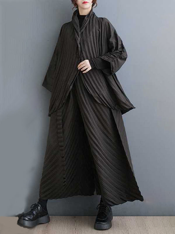 Long Sleeves Loose Buttoned Pleated Solid Color Stand Collar Shirts Top + Pants Bottom Two Pieces Set