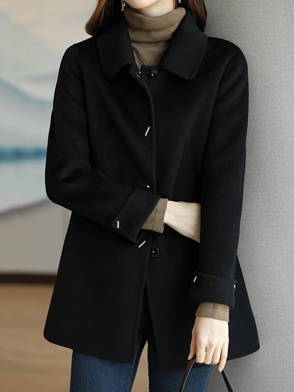 Long Sleeves Loose Buttoned Pockets Solid Color Lapel Woolen Coat