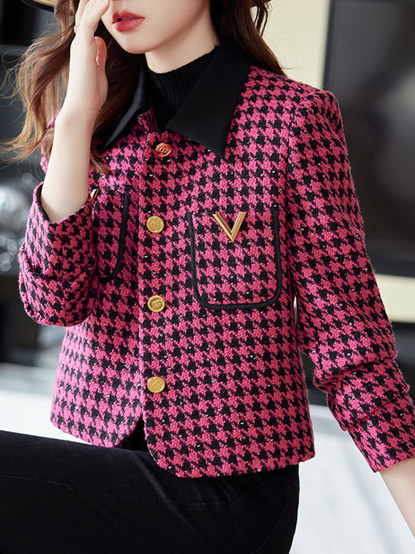 Long Sleeves Plus Size Buttoned Houndstooth Pockets Split-Joint Lapel Outerwear