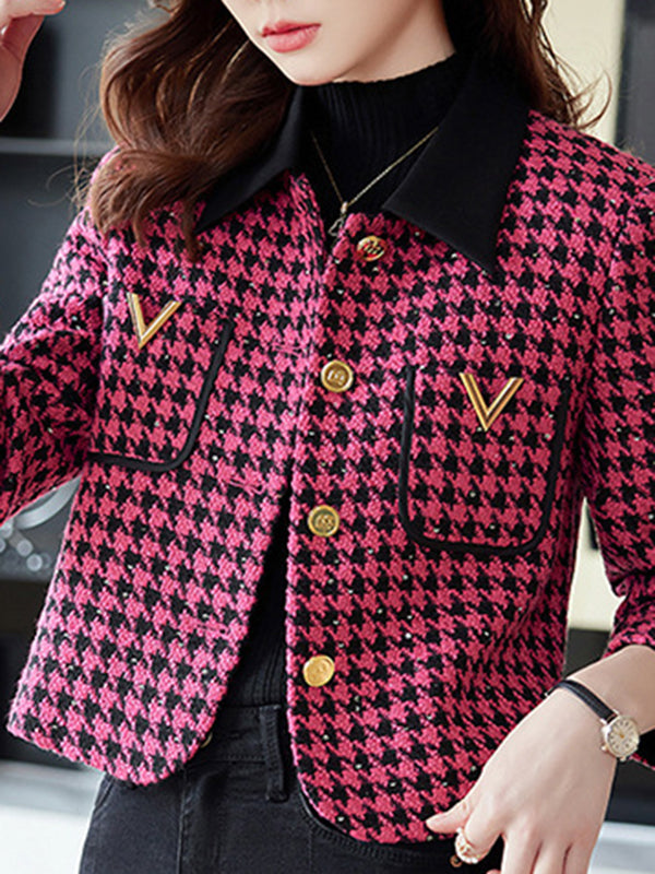 Long Sleeves Plus Size Buttoned Houndstooth Pockets Split-Joint Lapel Outerwear