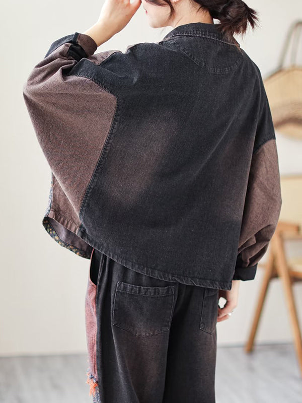 Contrast Color Fringed Split-Joint Long Sleeves Printed Outwear + Harem Pants  Two Pieces Set