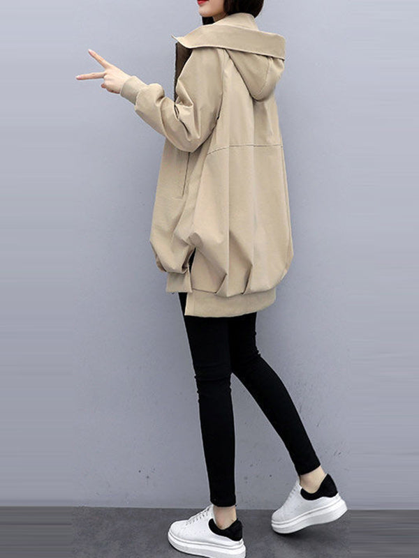 Casual Loose 4 Colors Pleated Zipper Hooded Long Sleeves Outwear