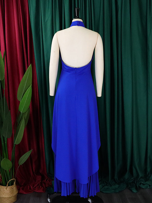 Loose Backless Lacy Solid Color Halter-Neck Vest Top + High-Low Pants Bottom Two Pieces Set