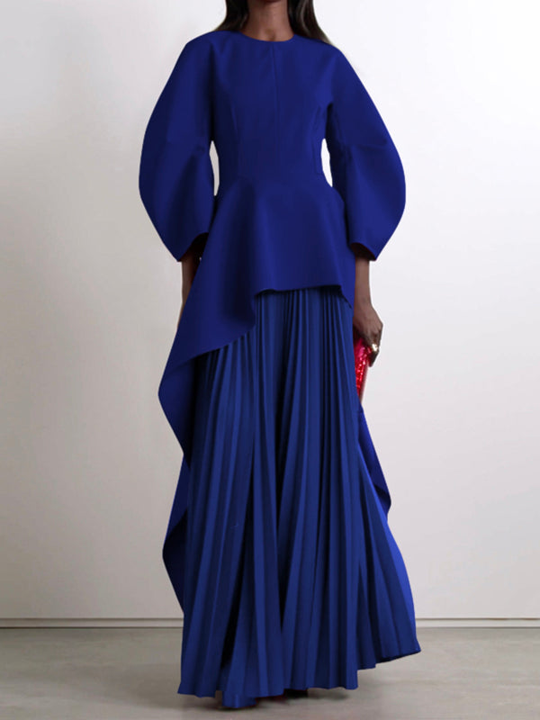 Long Sleeves Loose Pleated Solid Color Split-Joint Tiered Round-Neck Maxi Dresses