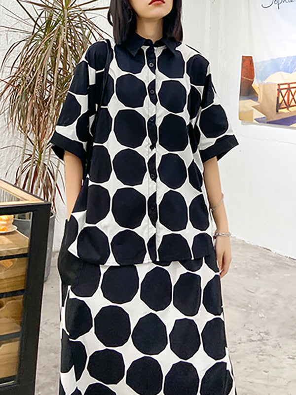 Batwing Sleeves Buttoned Polka-Dot Round-Neck Shirts Top + Elasticity Pockets Harem Pants Pants Bottom Two Pieces Set