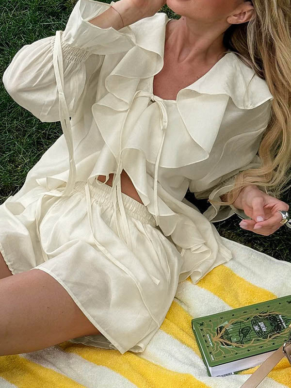 Long Sleeves Loose Ruffle Trim Solid Color Tied V-Neck Blouses&Shirts Tops + Elasticity Shorts Bottom Two Pieces Set