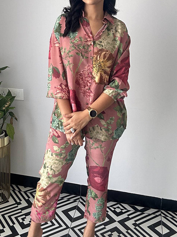 Long Sleeves Buttoned Flower Print Lapel Shirts Top + Ninth Pants Pants Bottom Two Pieces Set