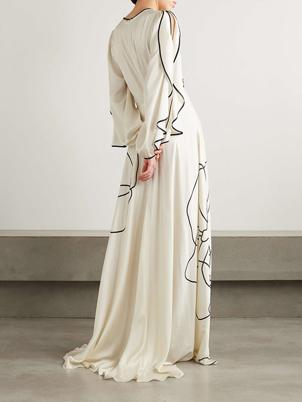 Loose Contrast Color Falbala Flower Print Hollow Zipper Maxi Dresses