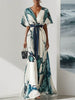Batwing Sleeves Loose Printed Tied Waist V-Neck Evening Dresses Maxi Dresses