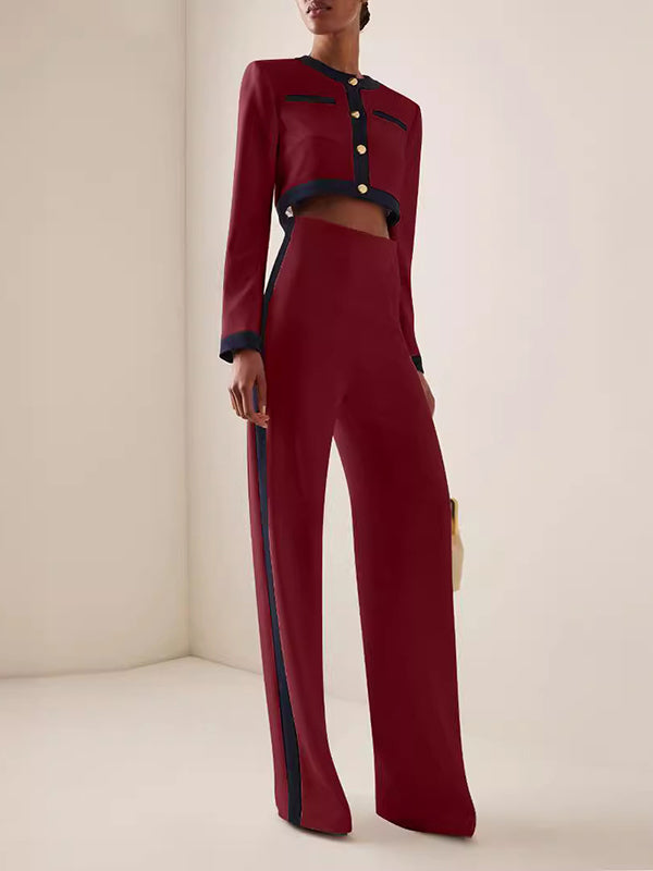Long Sleeves Buttoned Split-Joint Round-Neck Blouses&Shirts Tops + High Waisted Pants Bottom Two Pieces Set