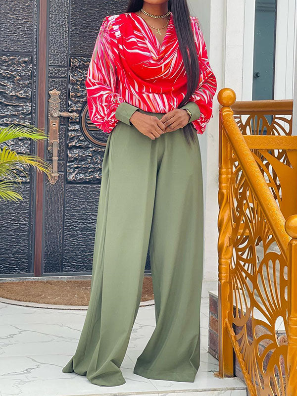 Long Sleeves Printed Heaps Collar Shirts Top + High Waisted Pants Bottom Two Pieces Set