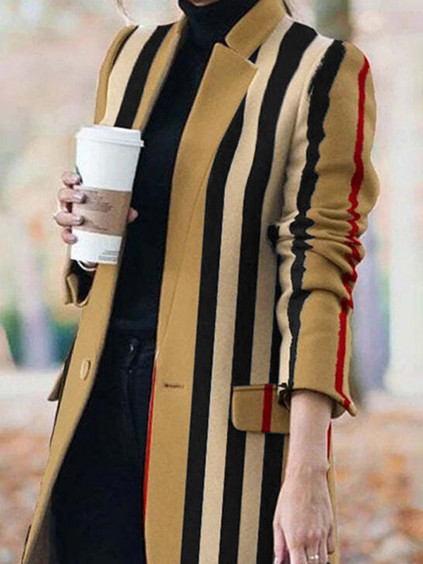 Long Sleeves Loose Buttoned Split-Joint Striped Stand Collar Woolen Coat