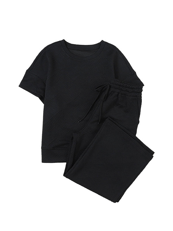 Loose Short Sleeves Solid Color Round-Neck T-Shirt Top + Drawstring Elasticity Pockets Pants Botttom Two Pieces Set