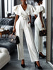 Flared Sleeves Pleated Split-Joint V-Neck Jumpsuits