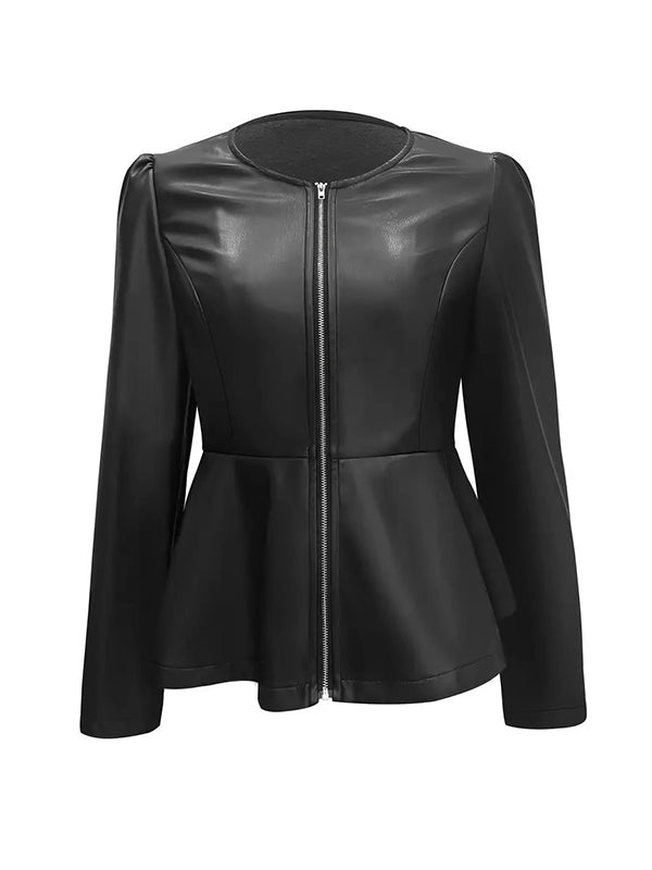 Long Sleeves Loose Split-Joint Zipper Round-Neck Jackets Outerwear